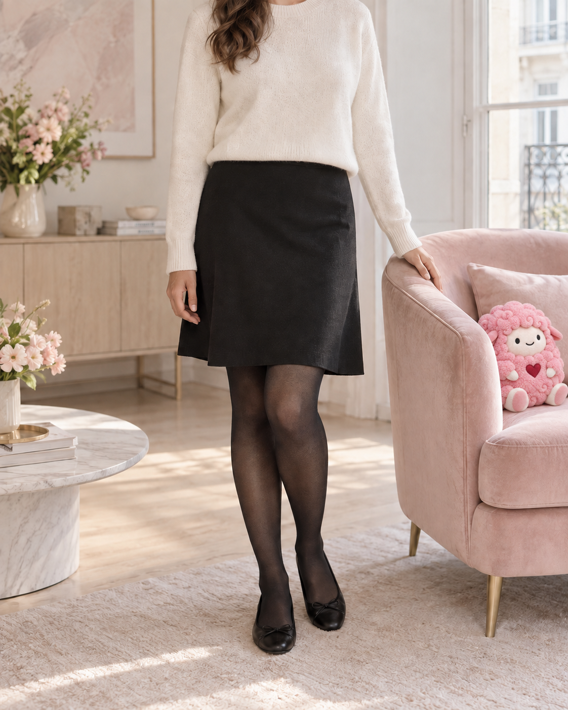 MyFleecy sheer-look tights styled with a cream sweater, black skirt and flats in a pink-accented living room