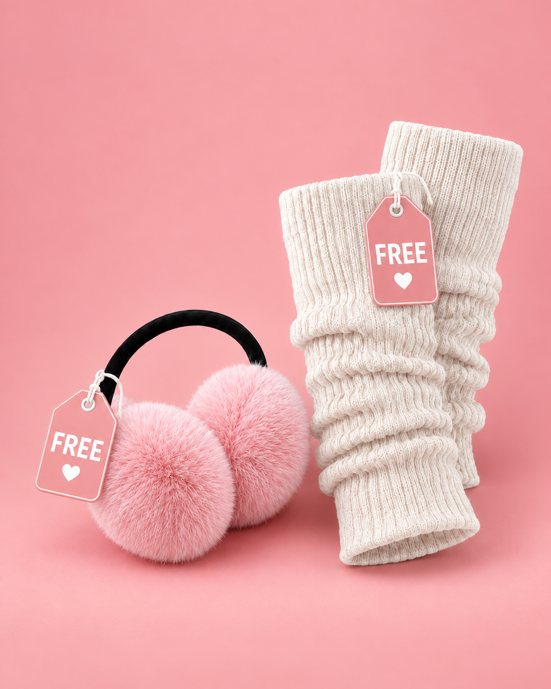 Pink earmuffs and white knitted leg warmers displayed as MyFleecy winter gift accessories