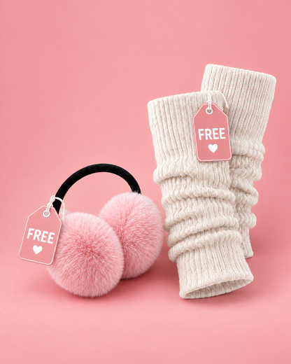 Pink earmuffs and white knitted leg warmers displayed as MyFleecy winter gift accessories