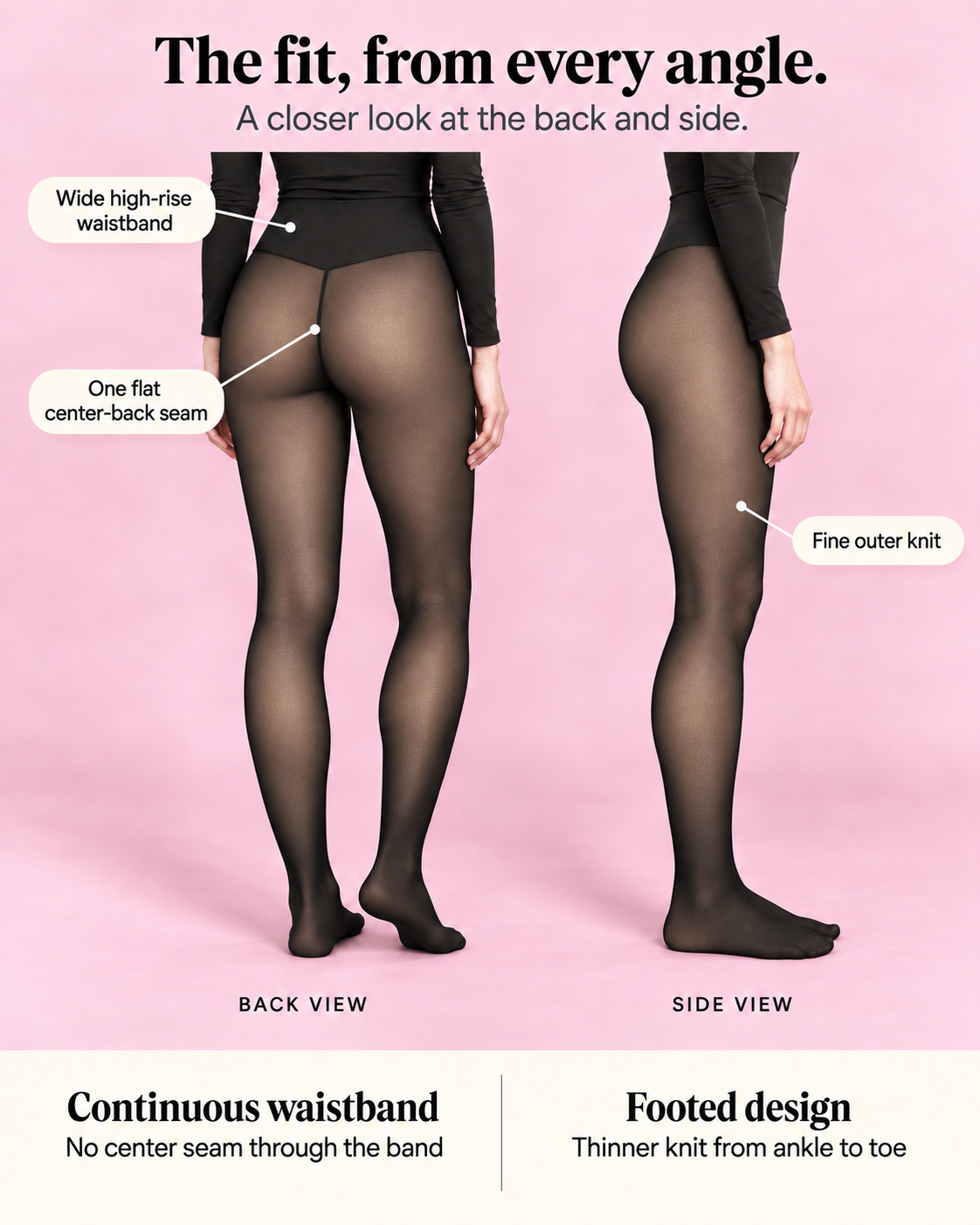 Back and side views of MyFleecy fleece-lined tights showing the wide waistband, single rear seam and closed-toe feet