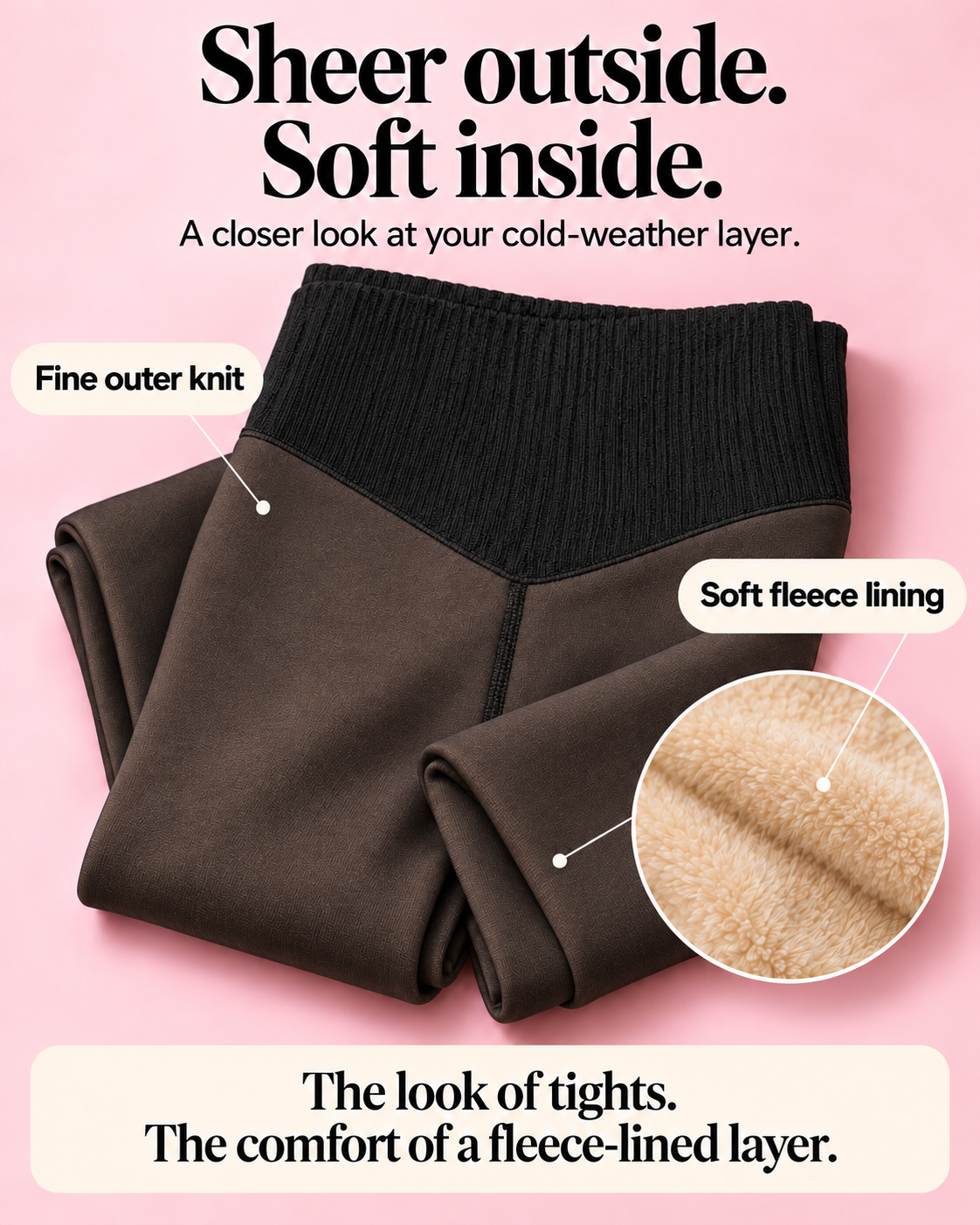 Folded MyFleecy fleece-lined tights showing the fine black outer knit and a close-up of the soft beige fleece lining