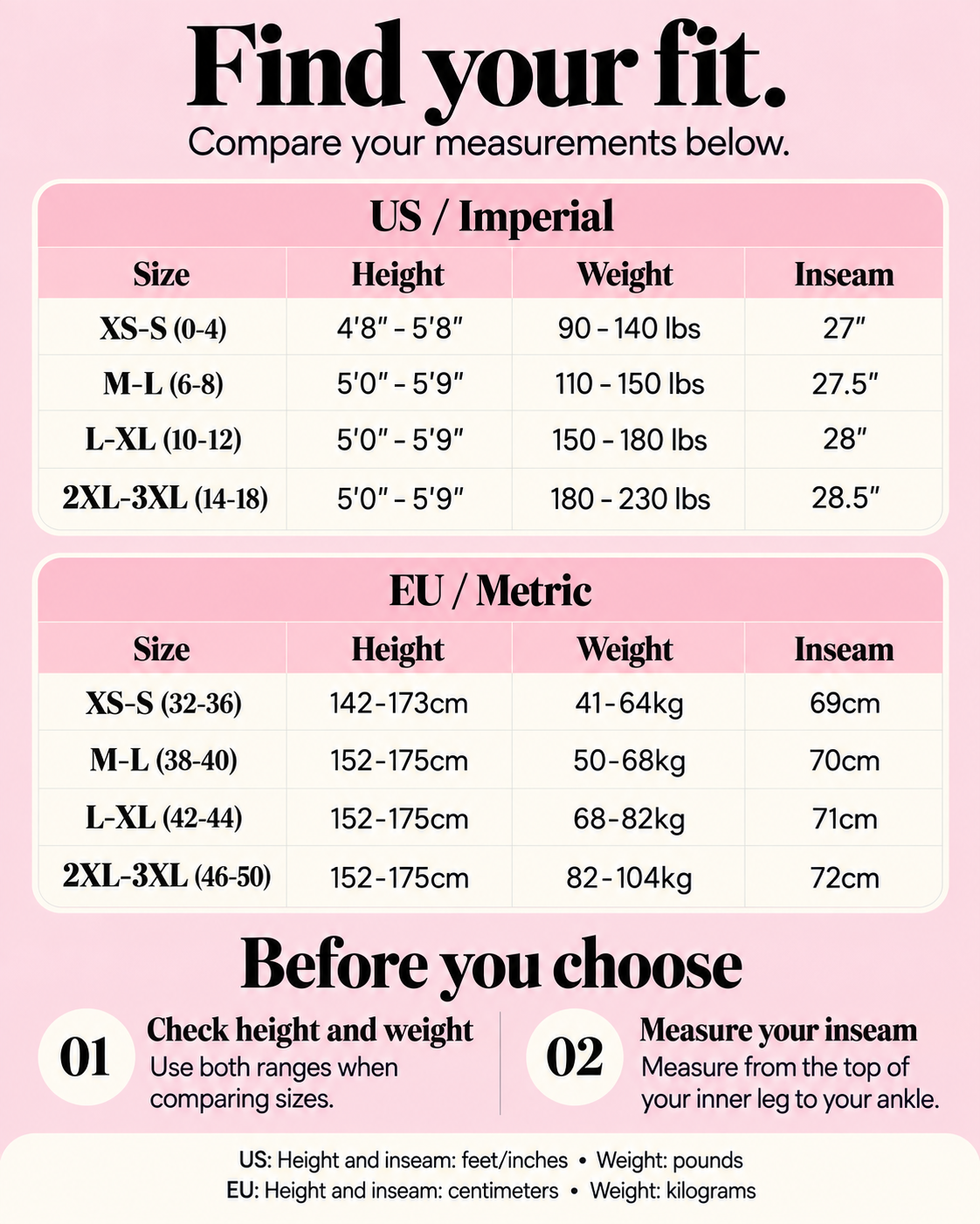 MyFleecy tights size chart from XS-S to 2XL-3XL, comparing height, weight and inseam in feet, inches and pounds, centimeter and kilograms