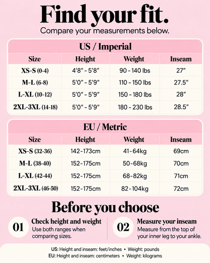 MyFleecy tights size chart from XS-S to 2XL-3XL, comparing height, weight and inseam in feet, inches and pounds, centimeter and kilograms