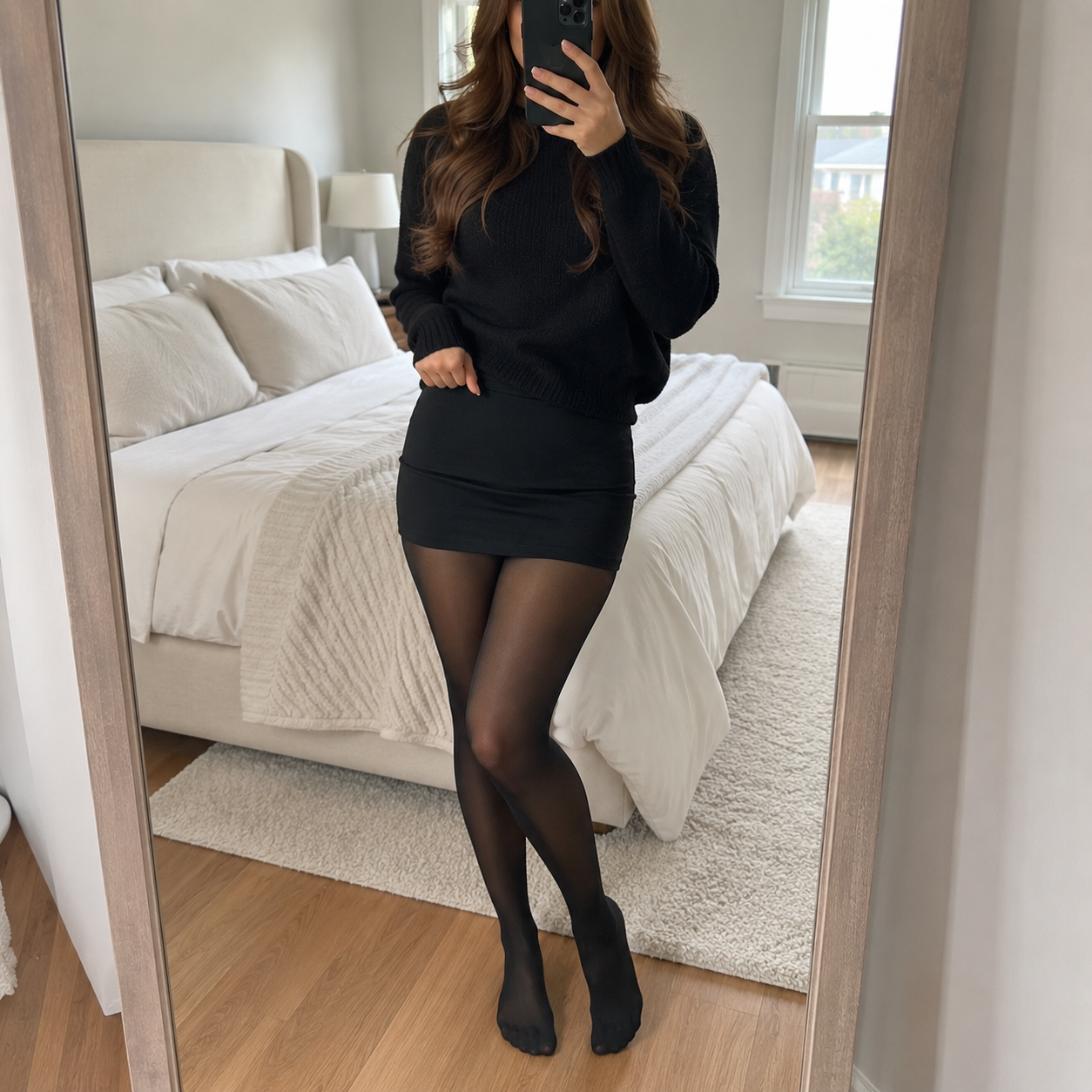 Full-length mirror outfit photo of MyFleecy tights styled with a black mini skirt (Verified reviewer)